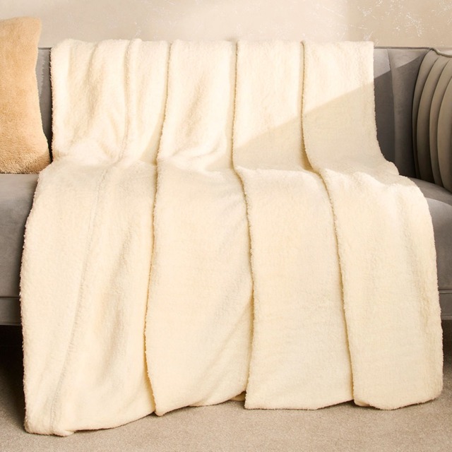 OHS Teddy Fleece Blanket Soft Throw Over Bed, Cream - 125 x 150cm - image 1