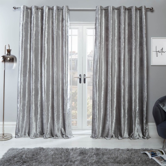 "OHS Crushed Velvet Eyelet Curtains - Silver 90"" x 90""" - image 1