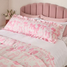 OHS Bow Print Frill Edge Bolster Pillow - Pink - thumbnail 1