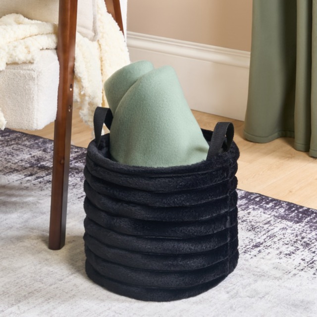 OHS Faux Fur Ribbed Storage Basket - Black - image 1
