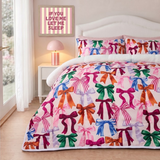 OHS Multi Bow Coverless Sherpa Fleece 10.5 Tog Duvet Set, Multi - Double - image 1