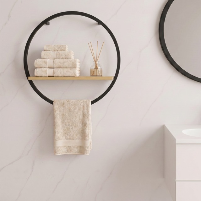 OHS Circle Towel Holder With Shelf - Black/Light Wood - image 1