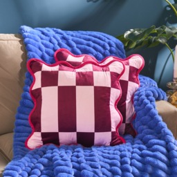 OHS Velvet Check Scallop Edge Cushion Covers, Burgundy/Pink - 45 x 45cm