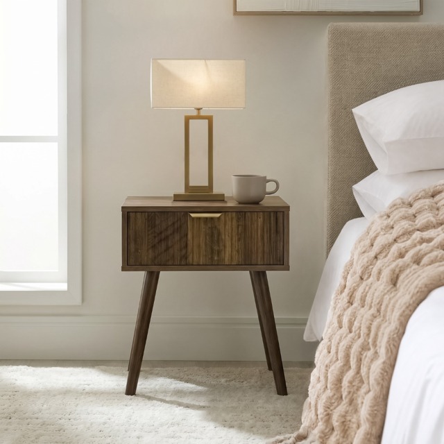 OHS Ribbed 1-Drawer Bedside Table - Medium Wood - image 1