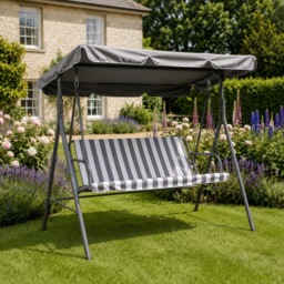 OHS 3 Seater Swing Bench With Canopy - Grey/White Stripe