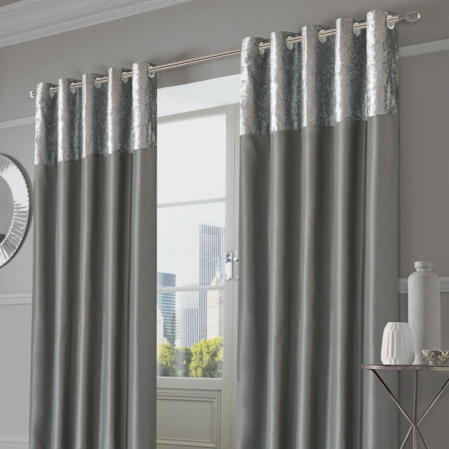 "OHS Manhattan Crushed Velvet Band Eyelet Curtains, Silver Grey - 66""x72"""