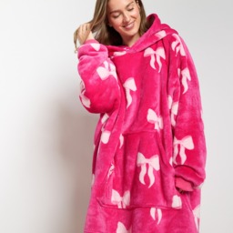 OHS Adults Bow Print Hoodie Blanket - Hot Pink - thumbnail 3
