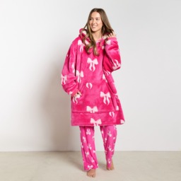 OHS Adults Bow Print Hoodie Blanket - Hot Pink - thumbnail 1