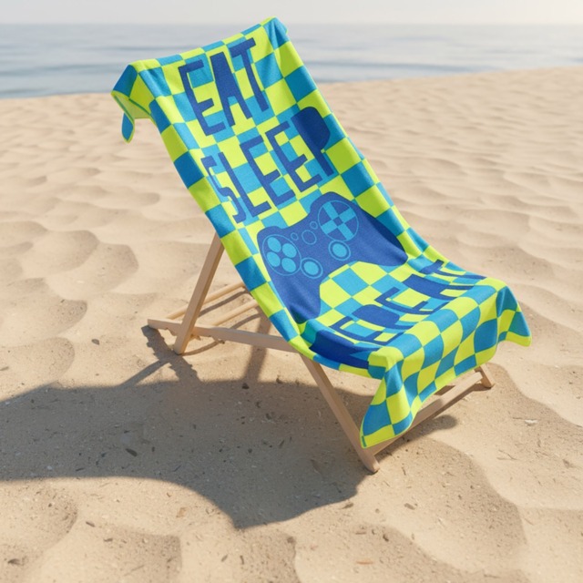 OHS Eat Sleep Game Slogan Beach Towel - Neon - image 1