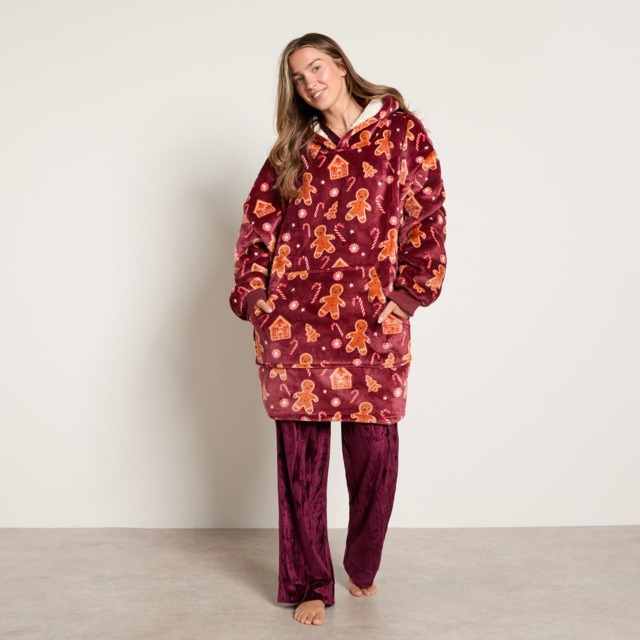 OHS Christmas Gingerbread Print Hoodie Blanket - Burgundy - image 1