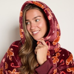 OHS Christmas Gingerbread Print Hoodie Blanket - Burgundy - thumbnail 5