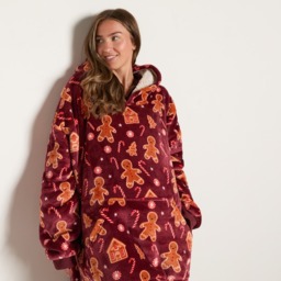 OHS Christmas Gingerbread Print Hoodie Blanket - Burgundy - thumbnail 4