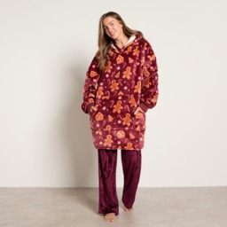 OHS Christmas Gingerbread Print Hoodie Blanket - Burgundy