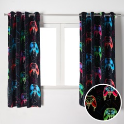 OHS Kids Gaming Print Glow In The Dark Velvet Eyelet Curtains, Multi - 66 x 54in - thumbnail 1