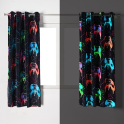 OHS Kids Gaming Print Glow In The Dark Velvet Eyelet Curtains, Multi - 66 x 54in - thumbnail 2