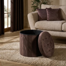 OHS Matte Velvet Foldable Round Storage Ottoman - Chocolate - thumbnail 2