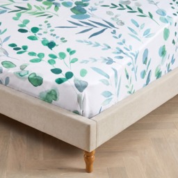 OHS Floral Print Watercolour Fitted Sheet, White/Green - King - thumbnail 2