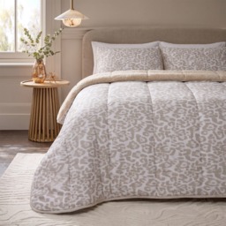 OHS Leopard Print Coverless Sherpa Fleece 10.5 Tog Duvet Set, Stone - King