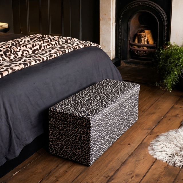 OHS Leopard Print Velvet Foldable Rectangle Storage Ottoman - Natural - image 1