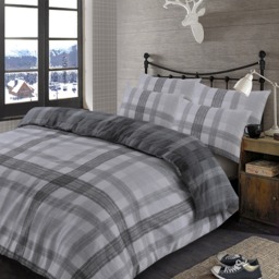 OHS Boston Brushed Cotton Check Tartan Duvet Cover Bedding Set - Grey - Super King