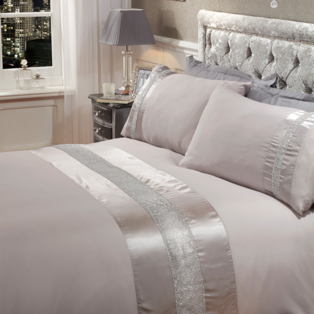 OHS Diamante Sparkle Duvet Set, Light Grey - King