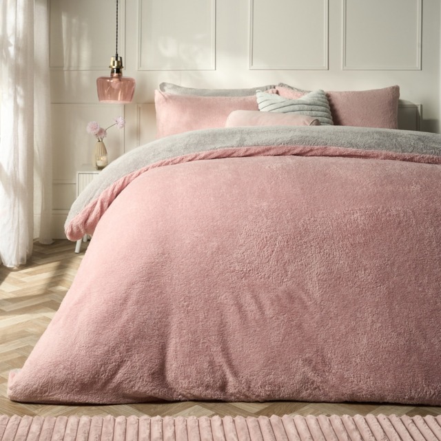 OHS Teddy Fleece Reversible Duvet Cover Set, Blush Pink/Grey - King - image 1