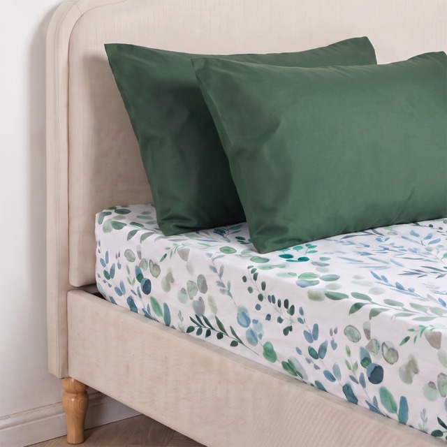 OHS Floral Print Watercolour Fitted Sheet, White/Green - Double - image 1