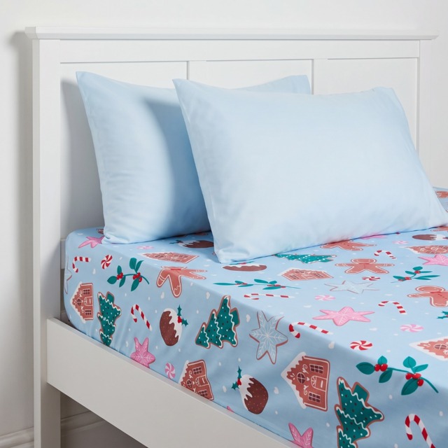 OHS Festive Gingerbread Print Fitted Sheet, Blue - Double - image 1