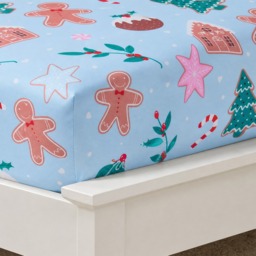 OHS Festive Gingerbread Print Fitted Sheet, Blue - Double - thumbnail 2