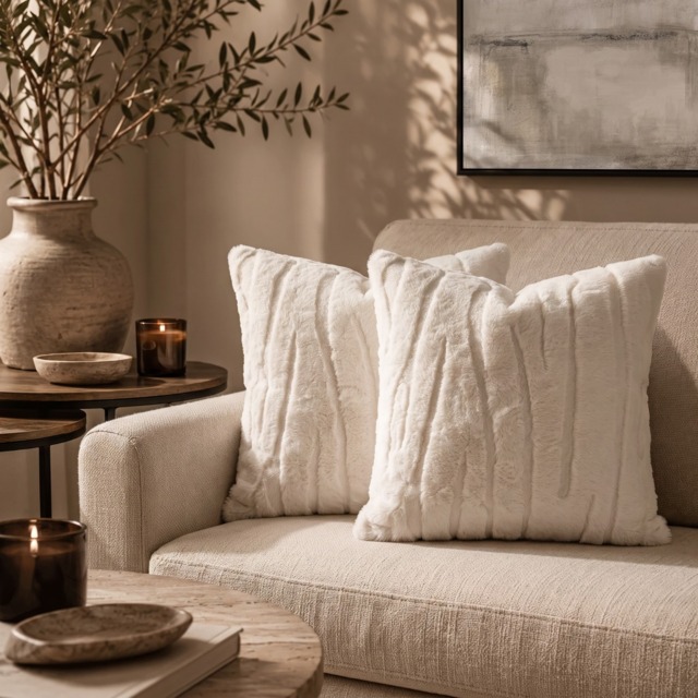 OHS 2-Pack Carved Faux Fur Cushion Covers, Stone - 45 x 45cm - image 1