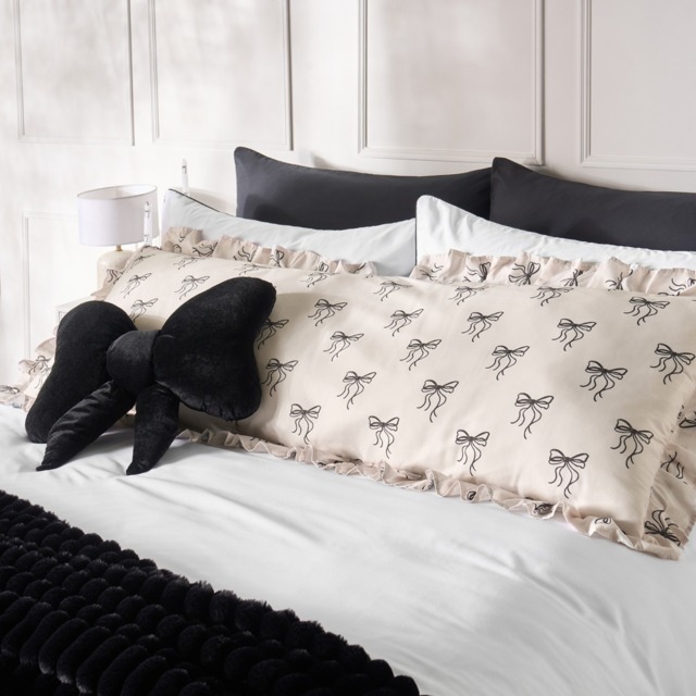 OHS Bow Print Frill Edge Bolster Pillow - Monochrome - image 1