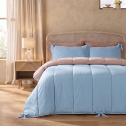 OHS Bow Tie Coverless 7.5 Tog Reversible Duvet Set, Dusky Blue/Natural - King - thumbnail 3