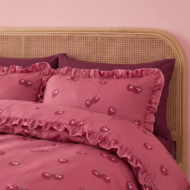 OHS Cherry Printed Frill Edge Duvet Cover Set, Burgundy/Plum - Double - image 1