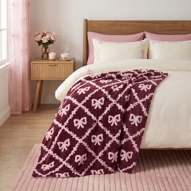 OHS Tufted Lattice Bow Teddy Fleece Throw - Burgundy/Pink - image 1