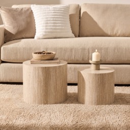 OHS Set of 2 Travertine Effect Round Side Tables - Cream - thumbnail 1