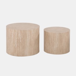 OHS Set of 2 Travertine Effect Round Side Tables - Cream - thumbnail 2