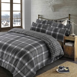 OHS Aspen Brushed Cotton Check Tartan Duvet Cover Bedding Set - Grey - Super King