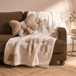 OHS Bow Print Fleece Throw, Cream/Natural - 200 x 240cm - thumbnail 1