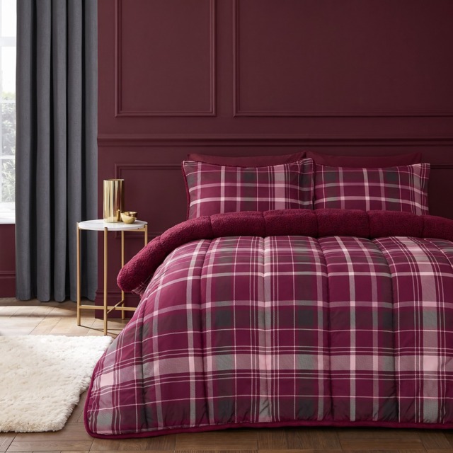 OHS Check Coverless Sherpa Fleece 10.5 Tog Duvet Set, Burgundy - King - image 1