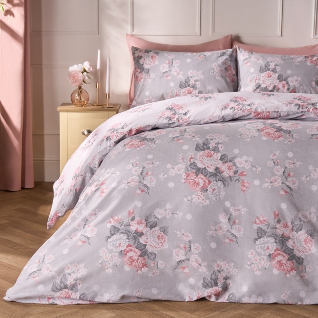 OHS English Rose Floral Duvet Set, Grey - Double - image 1