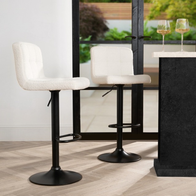 OHS Set of 2 Adjustable Bouclé Bar Stools - Cream - image 1