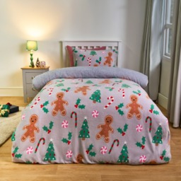 OHS Christmas Gingerbread Fleece Duvet Cover Set, Grey - Single - thumbnail 1