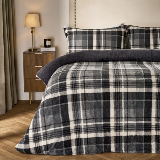 OHS Tartan Check Teddy Duvet Cover Set, Charcoal - Double - image 1