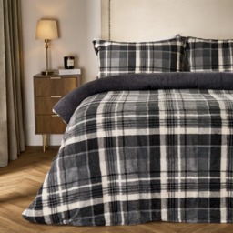 OHS Tartan Check Teddy Duvet Cover Set, Charcoal - Double