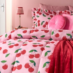 OHS Cherry Print Frill Edge Coverless 7.5 Tog Duvet Set, Pink/Red - King - thumbnail 3
