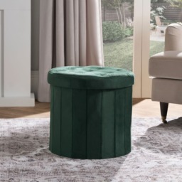 OHS Matte Velvet Foldable Round Storage Ottoman - Forest Green - thumbnail 1