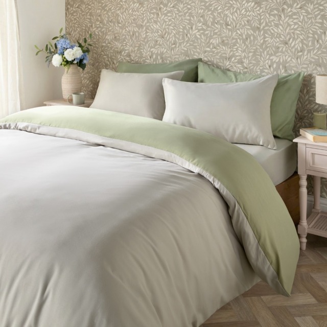 OHS Reversible Duvet Cover Set, Natural/Sage - Double - image 1