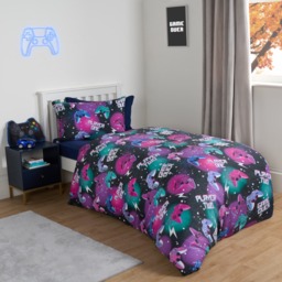 OHS Neon Gaming Check Reversible Duvet Cover Set, Black - Single - thumbnail 2