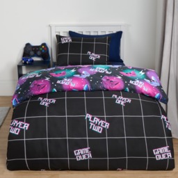 OHS Neon Gaming Check Reversible Duvet Cover Set, Black - Single - thumbnail 3