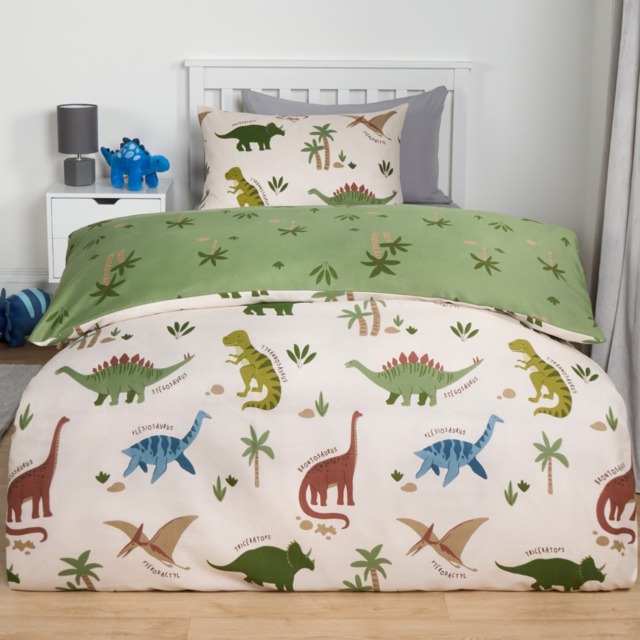 OHS Educational Dino Reversible Duvet Cover Set, Cream/Green - Single - image 1
